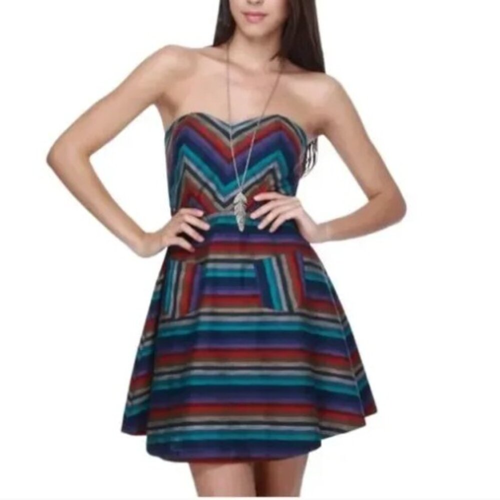 C. Luce Strapless Fit & Flare Chevron Striped Midi Dress M